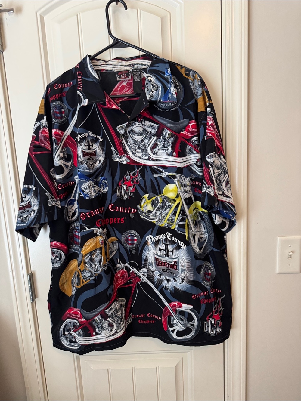 Men's Casual Button-Down Shirt - Black with Red & Yellow Motorcycle Print